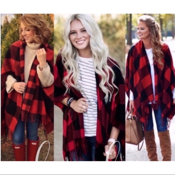 RED BUFFALO PLAID PONCHO/WRAP - Picture 2 of 8